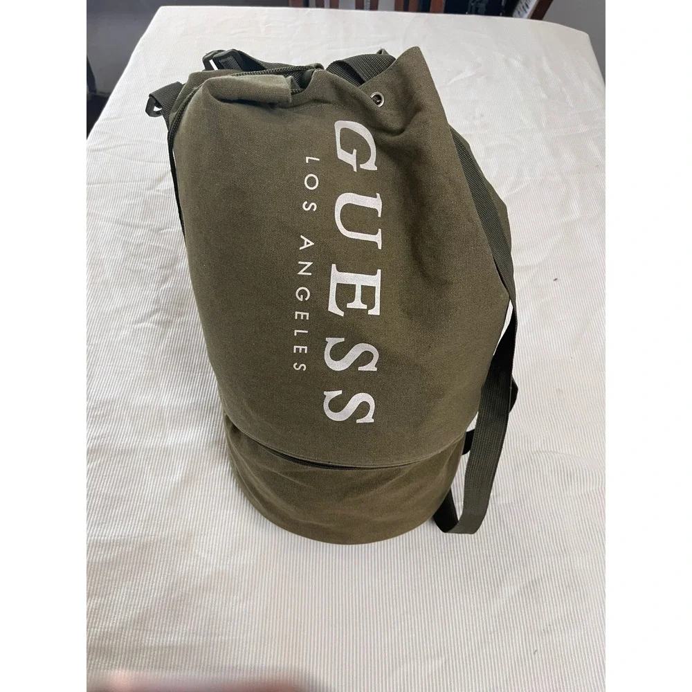 Guess Los Angeles Canvas Duffel Bag Olive Green Drawstring Gym Travel Bag